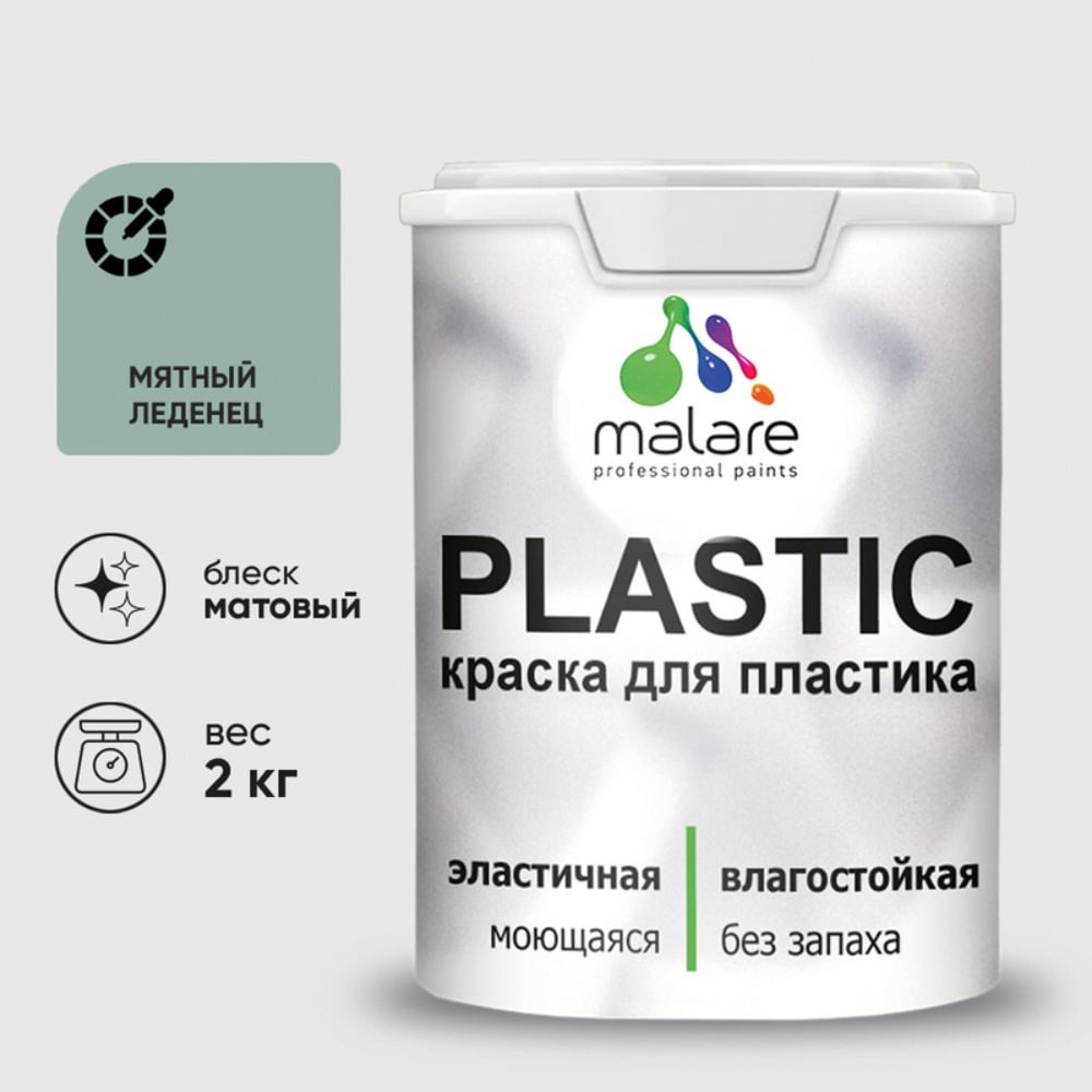 Изображение товара Акриловая краска MALARE для пластика Plastic для ПВХ, для подоконников и откосов, без запаха, матовая, мятный леденец 2 кг КПЛСТАМЯЛМ0200