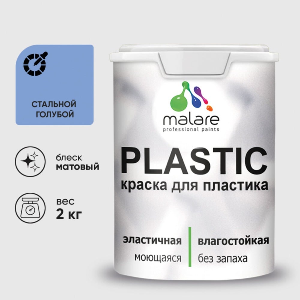 Изображение товара Акриловая краска MALARE для пластика Plastic для ПВХ, для подоконников и откосов, без запаха, матовая, стальной голубой 2 кг КПЛСТАСТГМ0200