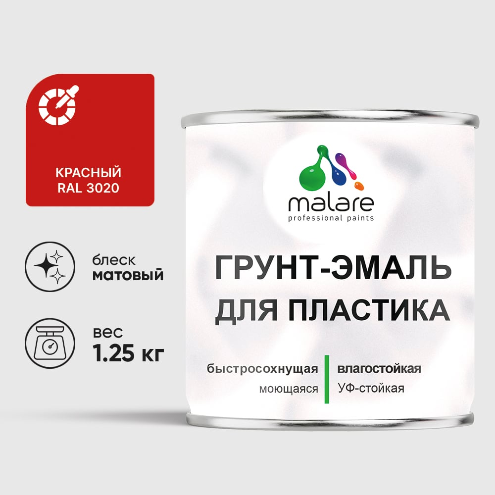 Грунт-Эмаль MALARE для пластика, окон и подоконников, сайдинга, матовый, красный, 1,25 кг ГЭПЛСТ3020М0125