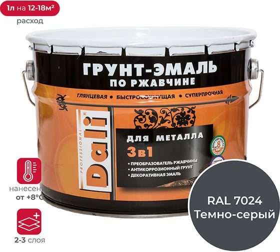 Изображение товара Графитовая грунт-эмаль по ржавчине DALI 3 в 1 серая Ral 7024, 10 л 232356