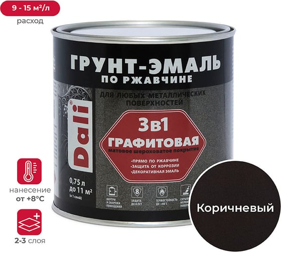 Изображение товара Грунт-эмаль по ржавчине DALI 3 в 1 графитовая, коричневая, 0.75 л 221451