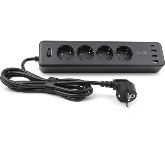 Изображение товара Сетевой фильтр TopOn TOP-PWS4 4 розетки, 3 USB, Type-C, PD 20W QC3.0, 4000W, 3м Черный TOP-PWS4B-3
