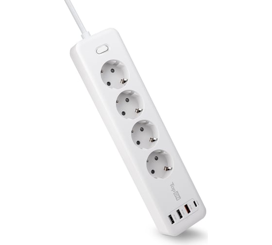Изображение товара Сетевой фильтр TopOn TOP-PWS4 4 розетки, 3 USB, Type-C, PD 20W QC3.0, 4000W, 3м Белый TOP-PWS4-3