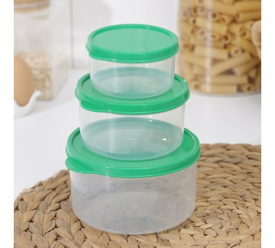 Изображение товара Набор пищевых контейнеров Доляна 3 штуки, 0,15л, 0,3л, 0,5л, круглый, цвет зелёный 1333870