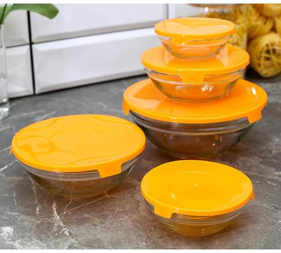 Изображение товара Набор салатников с крышками Доляна Классика 5 штук, 130, 200, 350, 500, 900 мл, цвет оранжевый 1366194