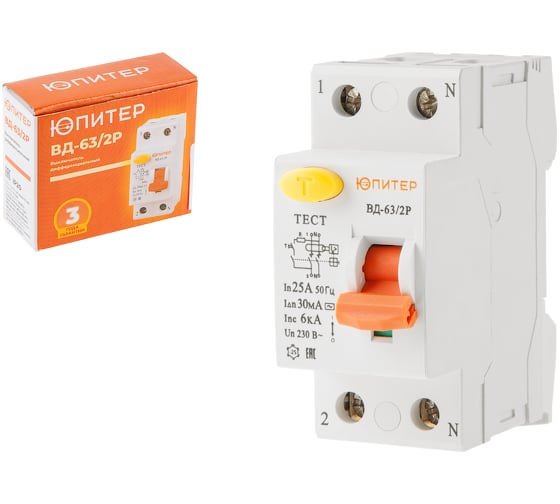 Изображение товара УЗО ЮПИТЕР ВД-63 2P 25А тип AC 30мА JP7512-25