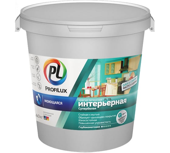 Изображение товара ВД краска латексная моющаяся износоустойчивость Profilux PL- 13L супербелая база 1,40 кг Н0000001060