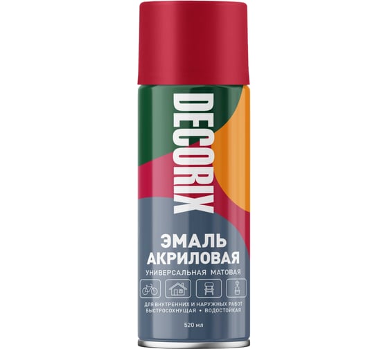 Изображение товара Аэрозольная акриловая эмаль Decorix (универсальная; красный; матовый; 520 мл) 0101-19 DX