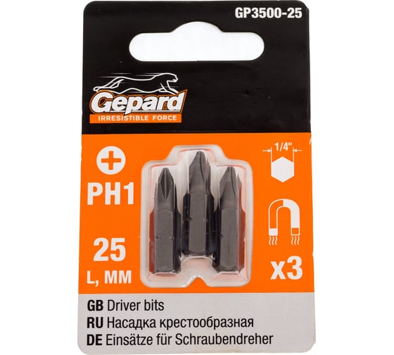 Изображение товара Бита магнитная 3 шт, PH1, 25 мм для шуруповерта Gepard GP3500-25