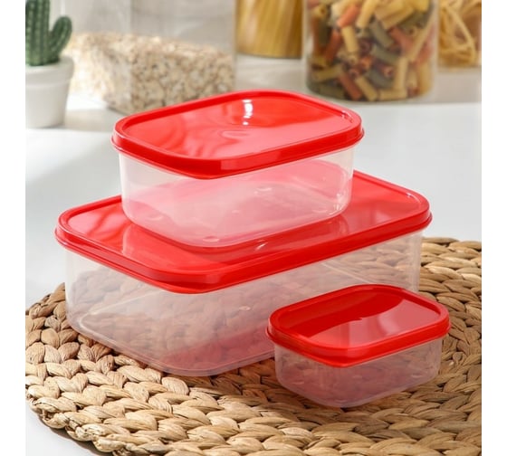 Изображение товара Набор пищевых контейнеров Доляна 3 штуки, 0,2л, 0,5л, 1,2л, прямоугольный, цвет красный 1333886