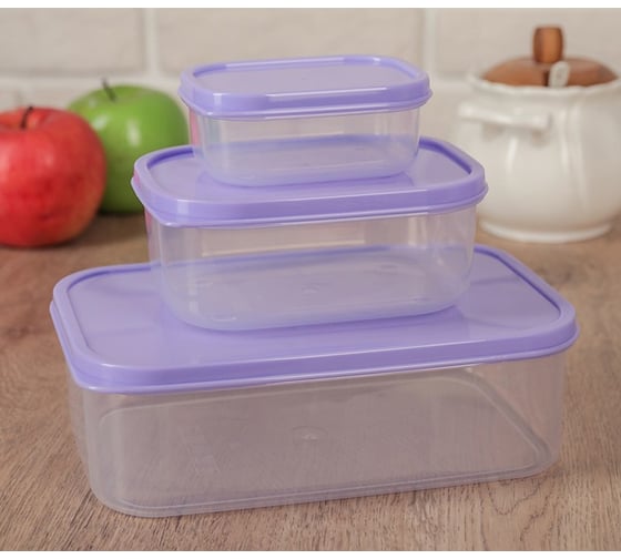 Изображение товара Набор пищевых контейнеров Доляна 3 штуки, 0,2л, 0,5л, 1,2л, прямоугольный, цвет сиреневый 3637600