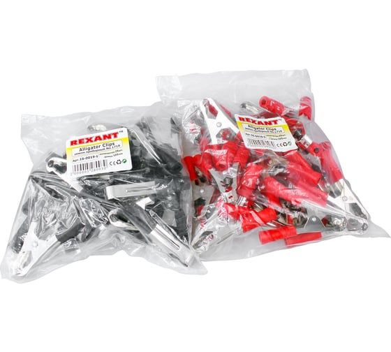 Изображение товара Зажим крокодил REXANT 100 А 105 мм черный и красный 50 шт 16-0019-1