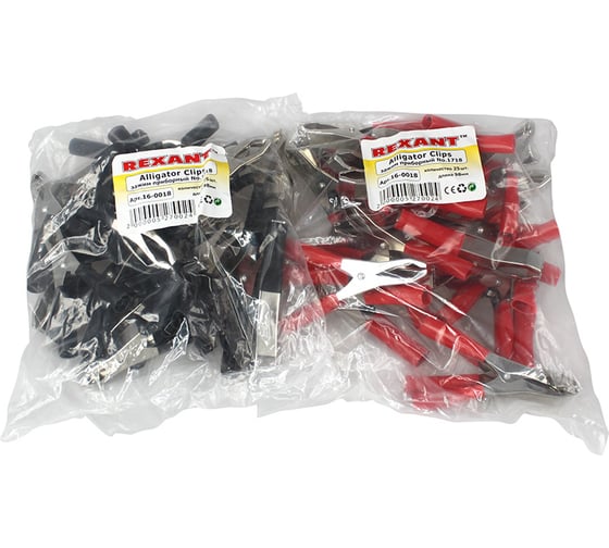 Изображение товара Зажим крокодил REXANT 50 А 98 мм черный и красный 50 шт 16-0018