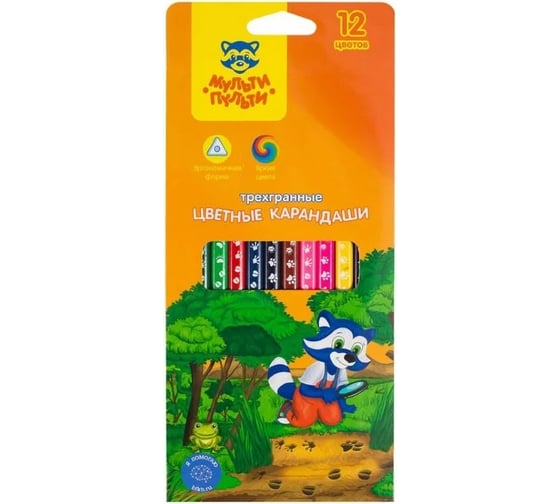 Изображение товара Цветные карандаши Мульти-Пульти Енот-следопыт, 12 цветов, трехгранные, рисунок на корпусе, заточенные, картон CP_20537