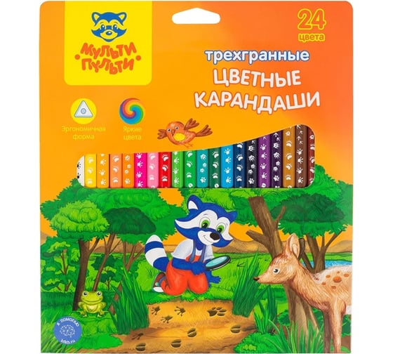 Изображение товара Цветные карандаши Мульти-Пульти Енот-следопыт, 24 цвета, трехгранные, рисунок на корпусе, заточенные, картон CP_20541