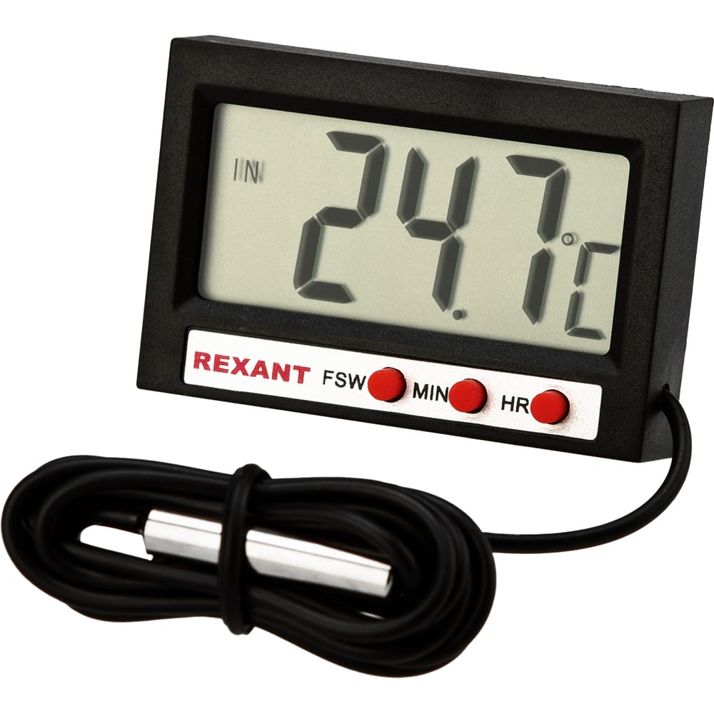 Изображение товара Электронный комнатно-уличный термометр с часами REXANT 70-0505