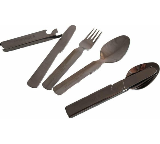 Изображение товара Набор столовых приборов в металлическом чехле Следопыт ложка, вилка, нож, открывашка PF-CWS-P59