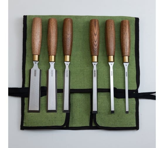 Изображение товара Набор стамесок Петроградъ серия Волга, 6 штук, 8, 10, 16, 20, 30, 35 мм, в сумке-скрутке М00021115