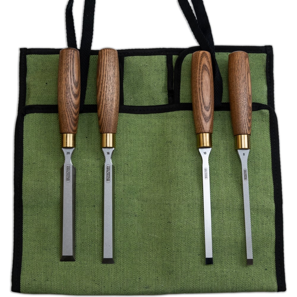 Изображение товара Набор стамесок Петроградъ серия Волга, 4 штуки, 8, 10, 16, 20, в сумке-скрутке М00021116