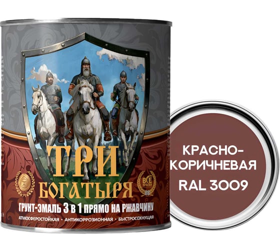 Изображение товара Грунт-эмаль 3 в 1 КраскаВо МЕТА-МБ ТРИ БОГАТЫРЯ (красно-коричневая; RAL 3009; 0.9 кг) 4620105771276