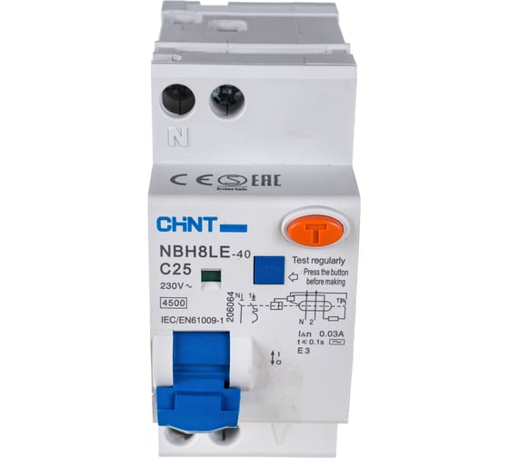 Изображение товара Автоматический выключатель дифференциального тока CHINT 1п+N C 25А 30мА 4.5кА NBH8LE-40 (R) 206064