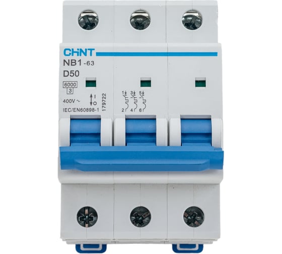 Изображение товара Автоматический модульный выключатель CHINT 3п D 50А 6кА NB1-63 (R) 179722