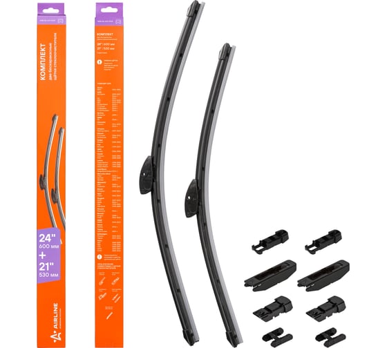 Изображение товара Щетки стеклоочистителя бескаркасные 2 шт, 600/530 мм S60 00/09, S80 98/06, V70 00/07, XC70 02/07, XC90 Airline AWB-BK-600-530K
