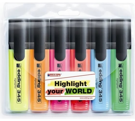 Изображение товара Набор текстовыделителей EDDING 345 заправляемые, скошенный наконечник, 2-5 мм, 6 штук, 6 цветов E-345#6S