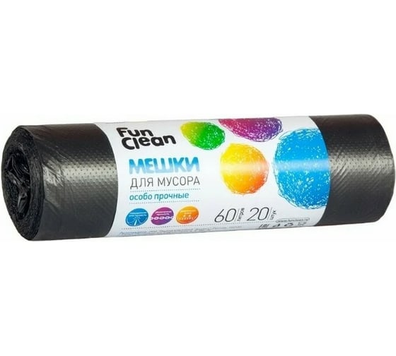 Изображение товара Мешки для мусора "Особо прочные" 60 л, 20 шт, черные, ролик Fun Clean 6443