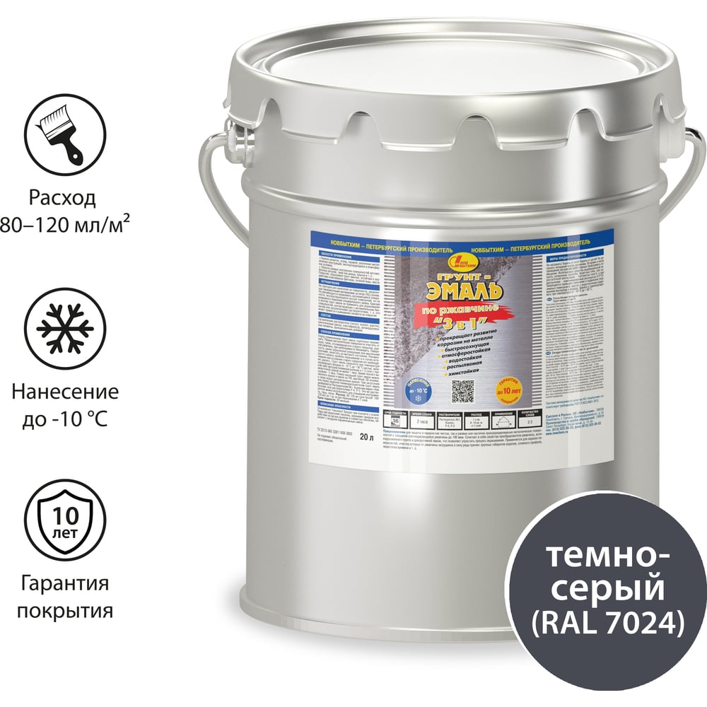 Изображение товара Грунт-эмаль по ржавчине 3 в 1 Новбытхим темно-серая RAL 7024, 20 л