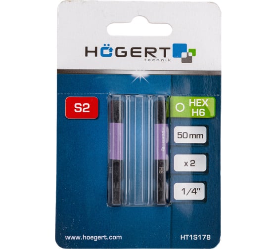 Изображение товара Биты ударные HEX6, 50 мм, сталь S2, 2 шт HOEGERT TECHNIK HT1S178