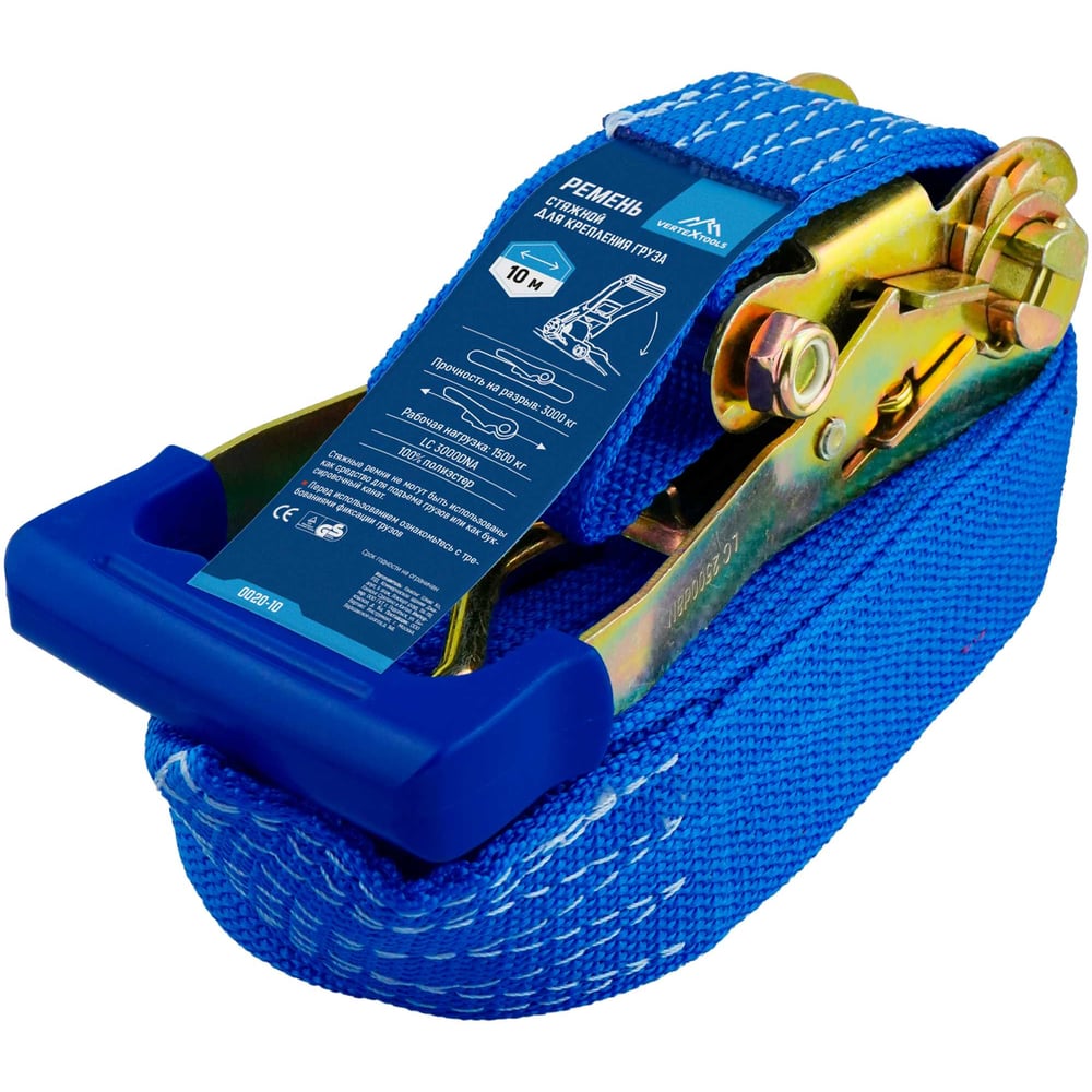 Изображение товара Стяжные ремни для крепления груза vertextools 10 м, 3 т, с крюками и фиксатором