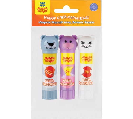 Изображение товара Клей-карандаш Мульти-Пульти Набор Зверята: морской котик/бегемот/кошка, 9 г, колпачок в форме животного, ПВП, пакет, европодвес GS_41911