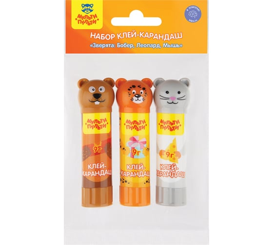 Изображение товара Клей-карандаш Мульти-Пульти Набор Зверята: бобер/леопард/мышь, 9 г, колпачок в форме животного, ПВП, пакет, европодвес GS_41907