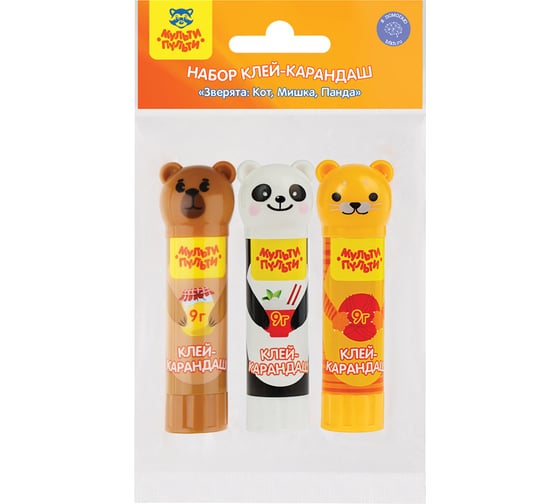 Изображение товара Набор клея-карандаша Мульти-Пульти 24 шт, "Зверята: Кот, Мишка, Панда", 9 г, колпачок в форме животного, ПВП, пакет, европодвес GS_41909
