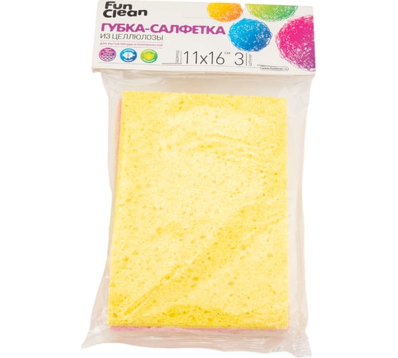 Изображение товара Губка-салфетка для мытья поверхностей Fun Clean целлюлоза, 3 шт. 7789