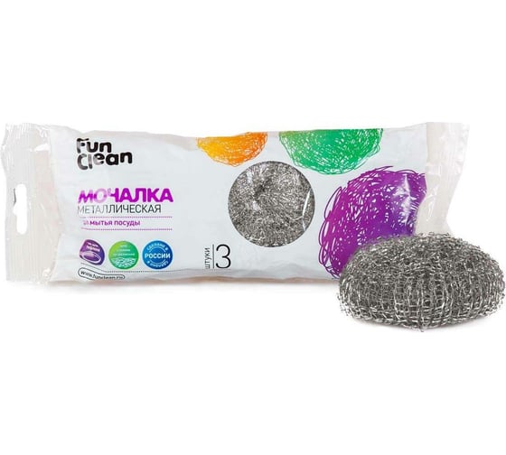 Изображение товара Мочалка для посуды Fun Clean металлическая, оцинкованная, плетеная, 3 шт. 6533