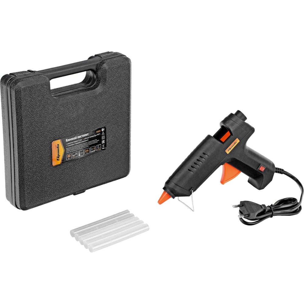 Изображение товара Клеевой пистолет SPARTA 93020 мощностью 80 Вт с защитой от капель и кейсом