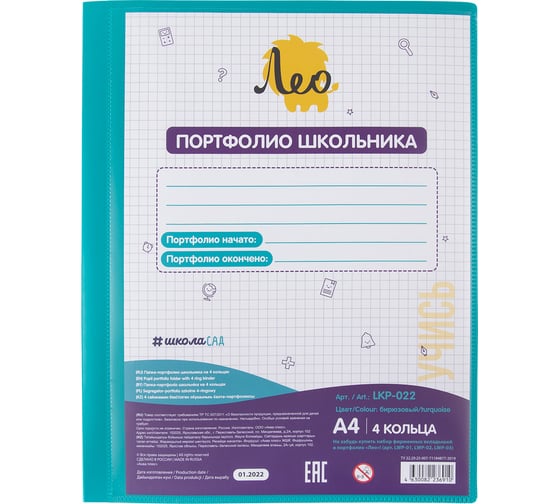 Изображение товара Папка-портфолио школьника Лео Учись на 4 кольцах A4, 700 мкм, 25 мм, песок, 1 бирюзовый 665491