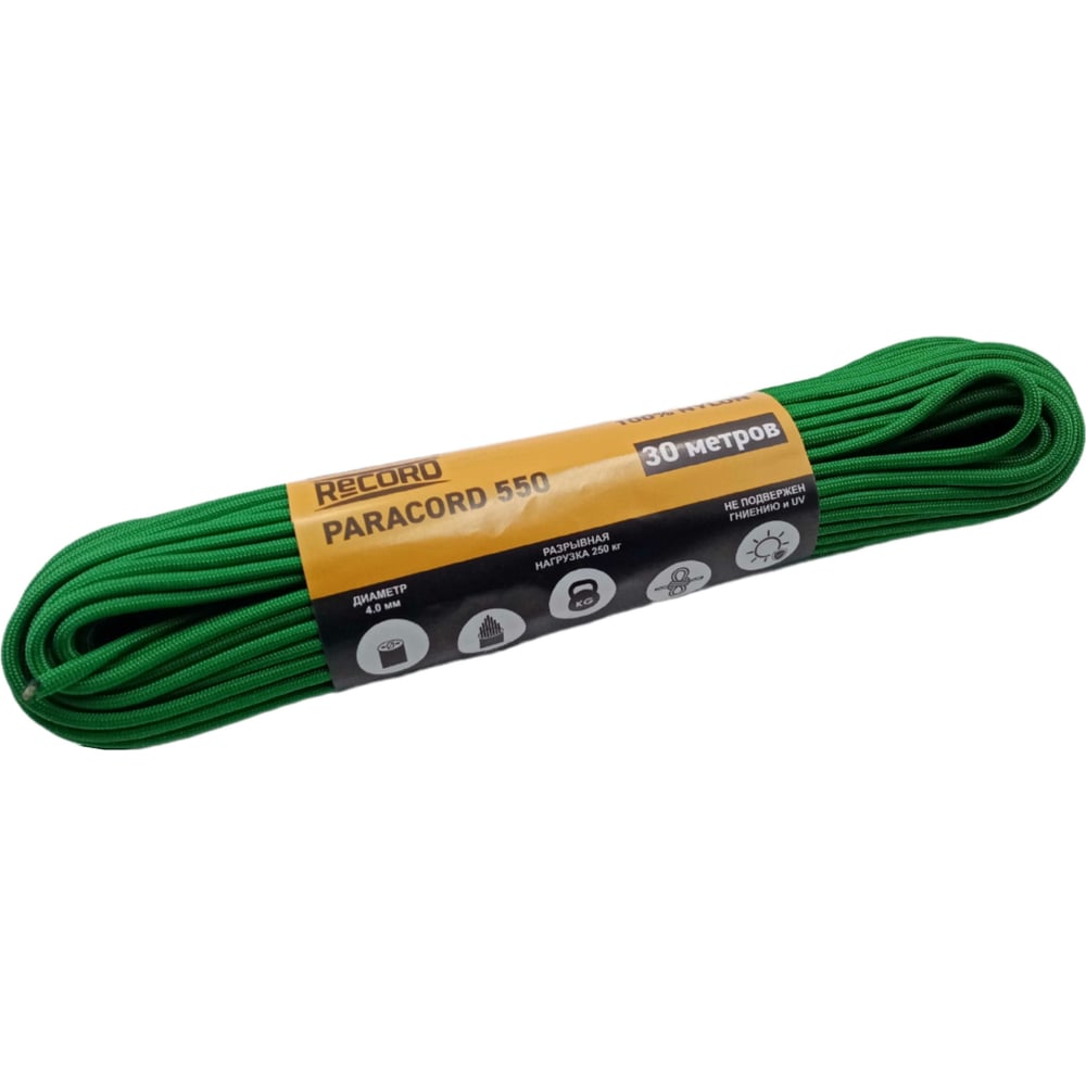 Паракорд RECORD Моток 32пр ПА d=4.0мм, 30 м, зеленый 4680253045810
