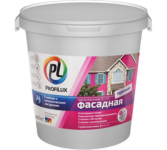 Изображение товара Водно-дисперсионная фасадная краска Profilux PL-112А (влагостойкая; белая; 40 кг) Н0000001056