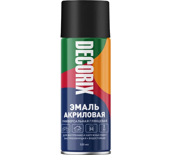 Изображение товара Аэрозольная универсальная эмаль Decorix (акриловая; черный; глянцевый; 520 мл) 0101-01 DX