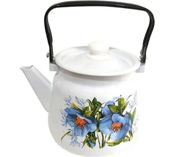 Изображение товара Эмалированный чайник СТАЛЬЭМАЛЬ Цветы синие сферический 3.5 л, белый с кнопкой С2716.3*96 ПС8178