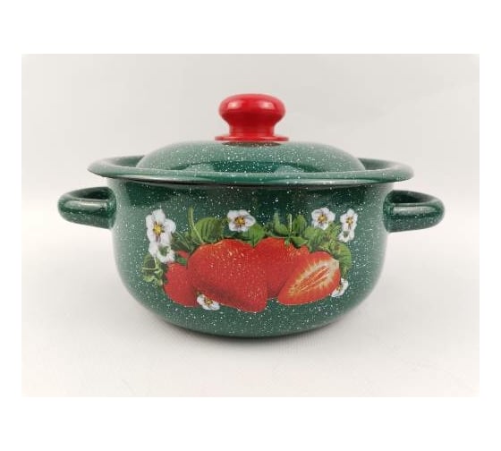 Изображение товара Цилиндрическая эмалированная кастрюля СТАЛЬЭМАЛЬ Клубника садовая 1.5 л, зелёный рябчик С1607.з*59 СП3431