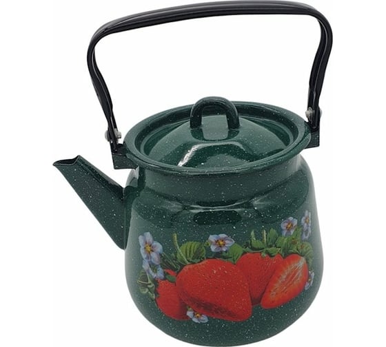 Изображение товара Эмалированный чайник СТАЛЬЭМАЛЬ Клубника садовая 3.5 л сферический, зелёный рябчик, с петлёй С2716.з*59 СП2557