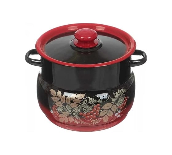 Изображение товара Сферическая эмалированная кастрюля СТАЛЬЭМАЛЬ Рябинушка 5.5 л с ободком, красно-чёрная ТП10850
