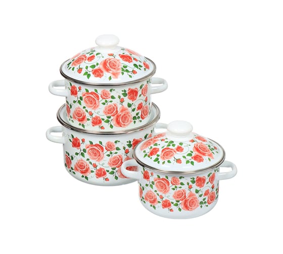 Изображение товара Набор эмалированной посуды СТАЛЬЭМАЛЬ №15 Роза плетистая 3 предмета 2 л, 3 л, 4 л N15B88 ПД2086