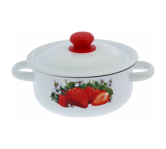 Изображение товара Цилиндрическая эмалированная кастрюля СТАЛЬЭМАЛЬ Клубника садовая 1.5 л, белая С1607.3*59 ТП16715