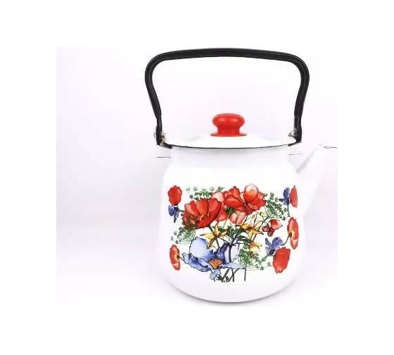 Изображение товара Эмалированный чайник СТАЛЬЭМАЛЬ Цветы красные сферический 3.5 л, белый с кнопкой С2716.3*95 ТП3357
