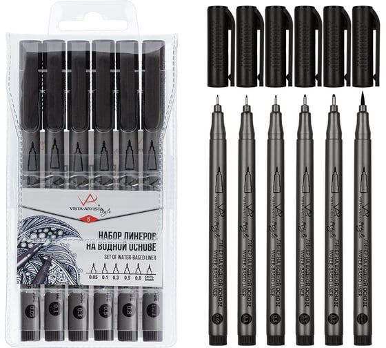 Изображение товара Набор линеров Vista-Artista Brush на водной основе, ассорти, мм 0.05, 0.1, 0.3, 05, 0.8 мм, 1 мм 602724